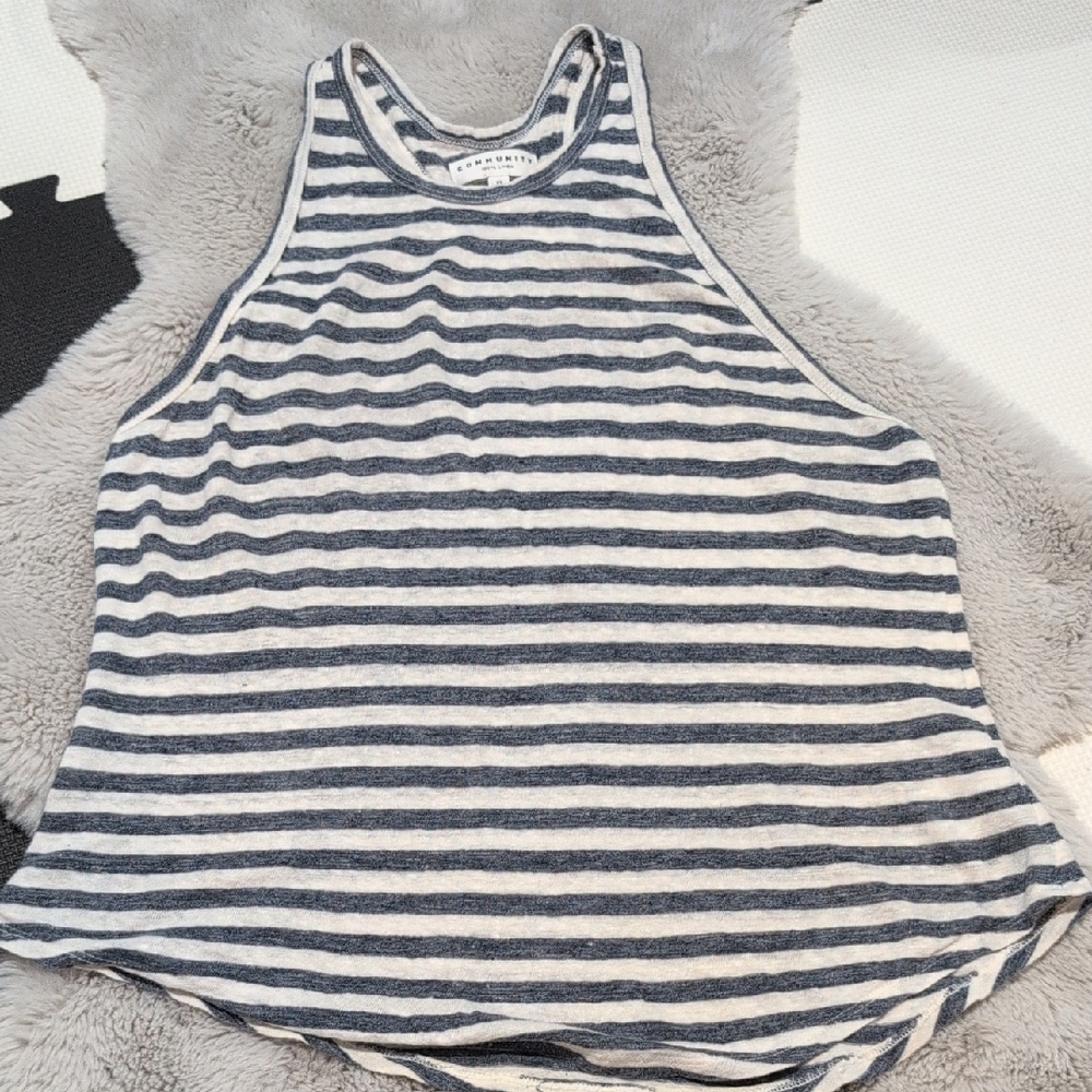 100% Linen XS Striped Tank Top - Blue and White